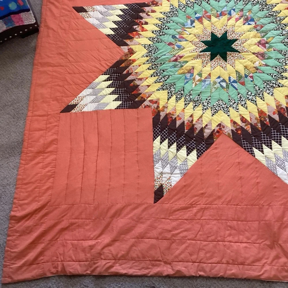 Vintage Lone Star Quilt Orange Brown Green 84”x90”